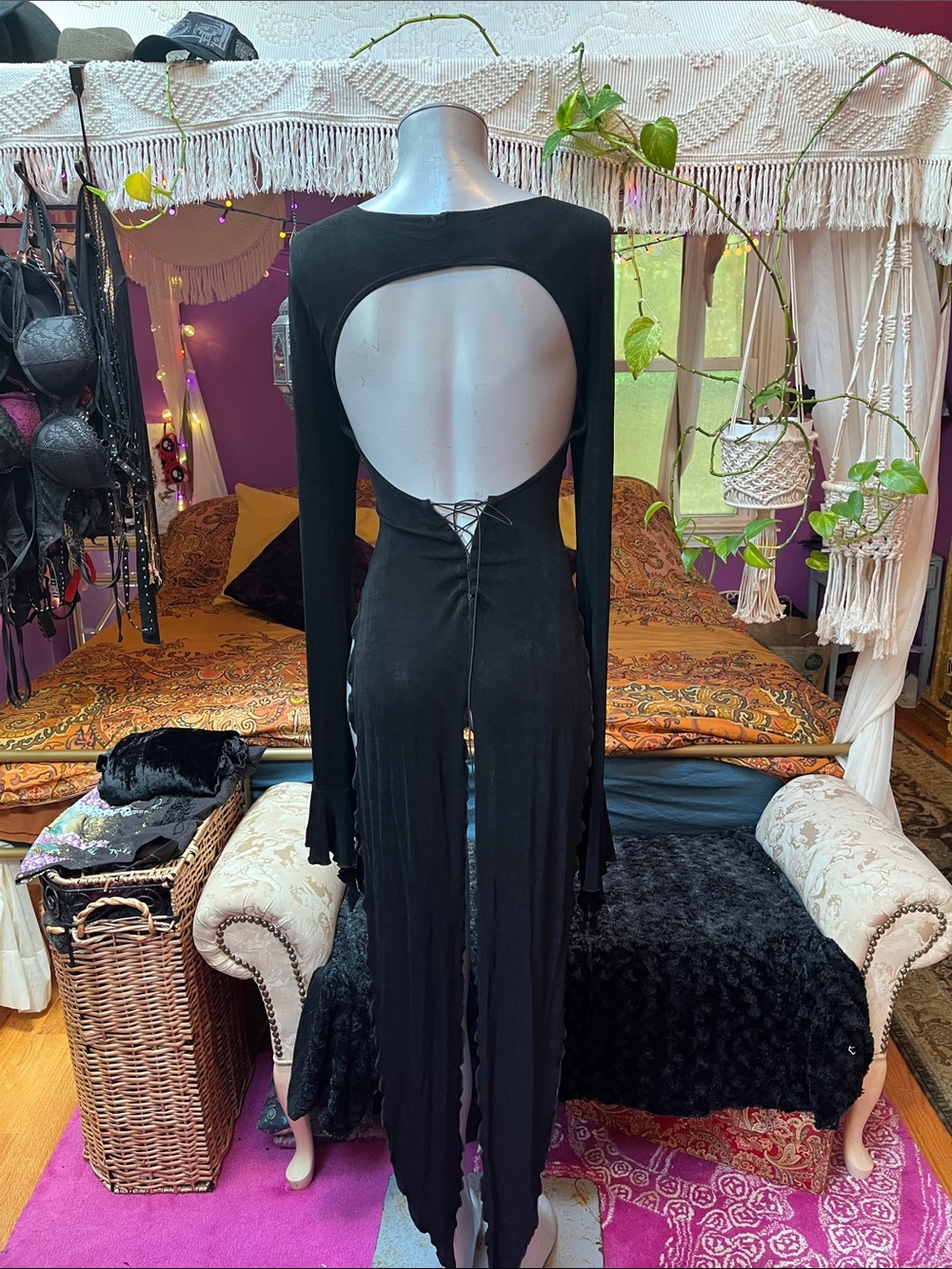 Vintage Vampy Goth black bell sleeve maxi cut out lace up back duster